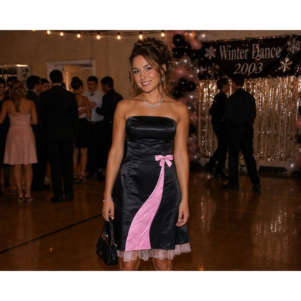 80s Jessica McClintock For Gunne Sax Dress Black Pink Bow Strapless 9/10 USA